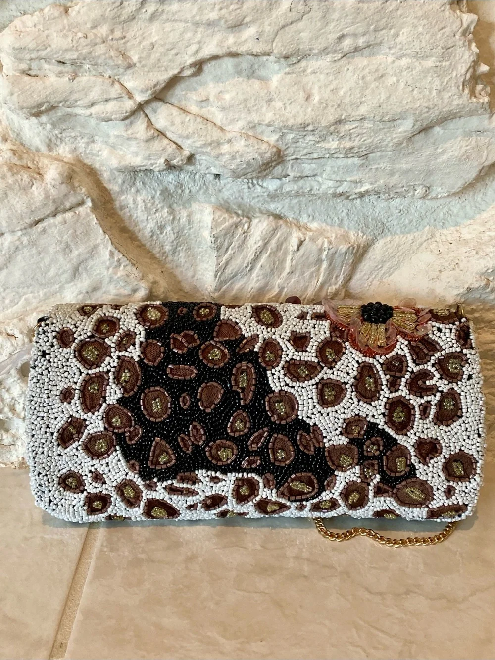 NWT “Handcrafted in India” flap front glass beaded leopard print pattern clutch